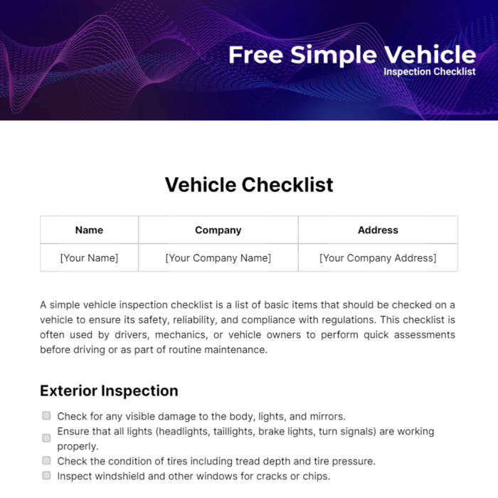 Vehicle inspection checklist